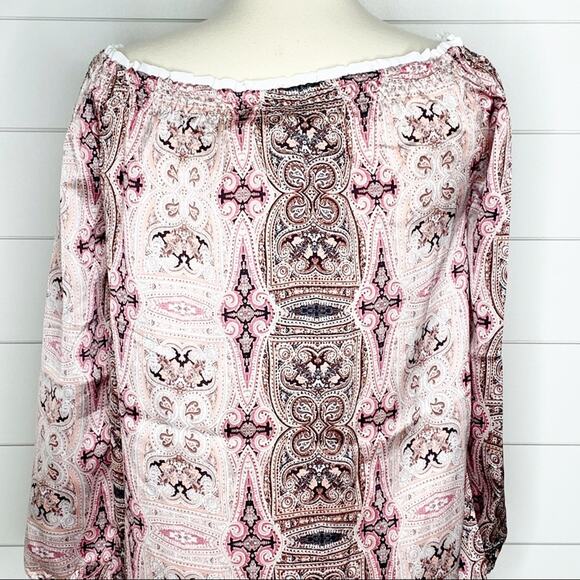 ASOS Border Print Satin Off Shoulder Top Pink Size Small - Picture 9 of 10